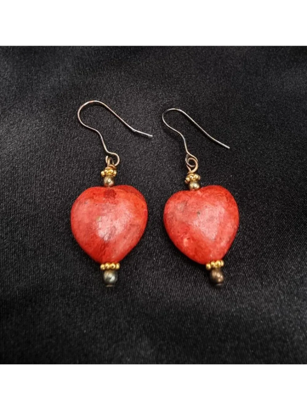Red Real Coral Heart Drop Earrings - Picture 2 of 4